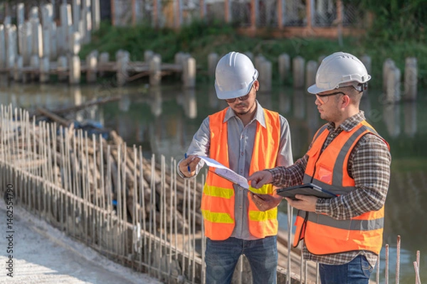 Fototapeta Construction engineer working on a bridge construction site over a river,Civil engineer supervising work,Foreman inspects work at a construction site,Discuss technical problems together