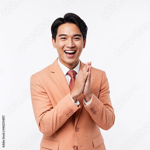 Obraz Happy asian businessman in suit clapping hands on white background professional corporate portrait studio shot on transparent background