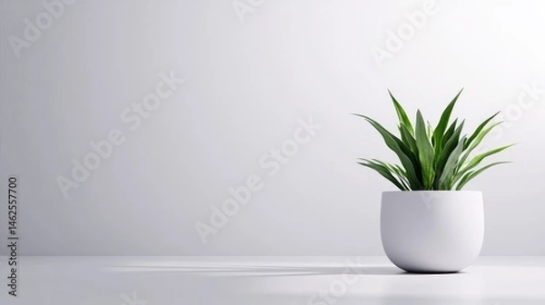 Fototapeta Plant in White Pot Minimalist Style High-Resolution Soft Lighting Wide Shot Simple Design Resting on Surface Bright Neutral Tones Ideal for Home Decor