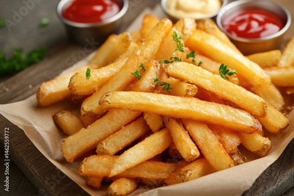 Obraz Basket of golden French fries topped with melted cheese and savory bacon bits, sprinkled with chopped green onions, served as a tempting appetizer.