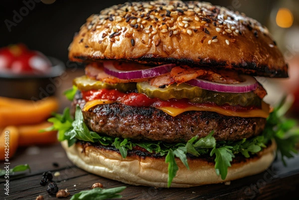 Obraz A loaded hamburger with generous fillings of meat and colorful vegetables, perfectly assembled in a brioche bun.