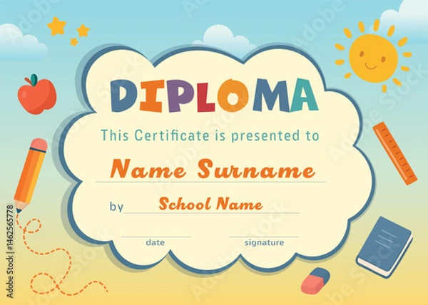 Obraz Kindergarten diploma certificate template with sun and cloud school supplies colorful background