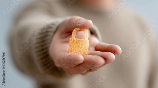 Fototapeta Person Holding a Glowing Digital Padlock Symbolizing Cybersecurity and Protection in a Modern Context