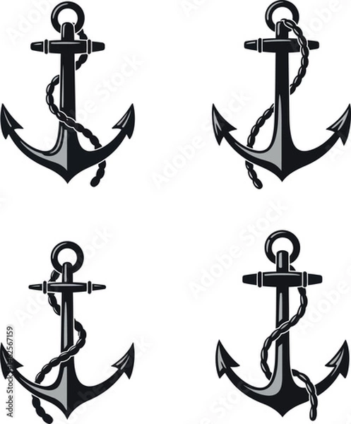 Fototapeta Marine anchors with rope nautical symbols vector design set black silhouette 