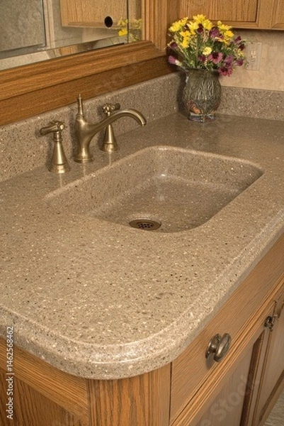 Obraz Modern rustic bathroom with stone sink and soft lighting