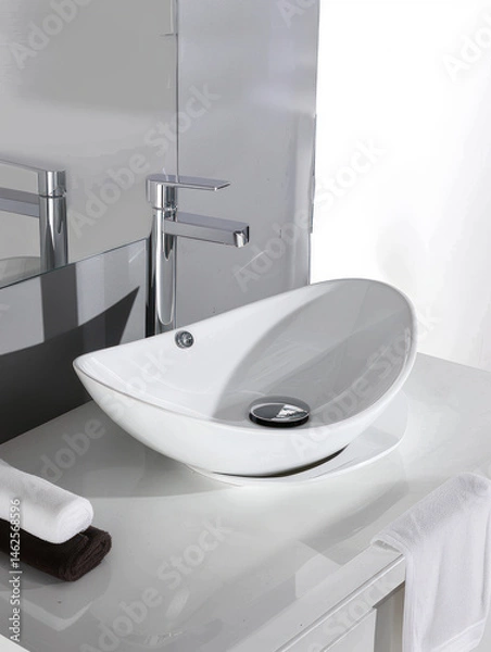 Obraz Modern bathroom sink with stylish faucet and wooden countertop