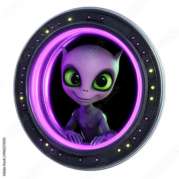 Fototapeta A Cartoon Alien Peeking Out of a Spaceship Hatch Isolated on Transparent Background