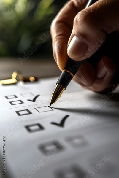Obraz checklist boxes A hand checking off items on a checklist with a pen in a well-lit environment.