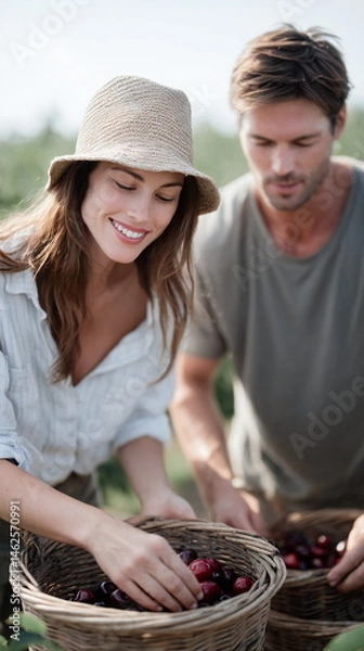 Obraz Couple enjoys a sunny day picking cherries together in a vibrant orchard setting during summer season