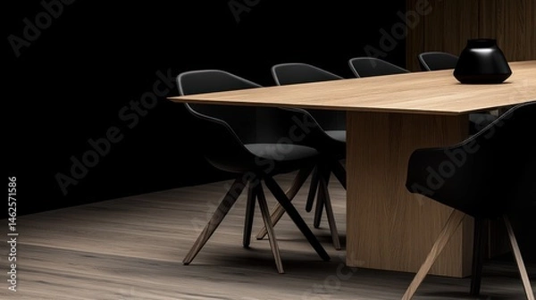 Obraz Minimalist Dining Table with Black Chairs in Dark Setting