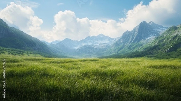 Fototapeta a grassy field with mountains in the background