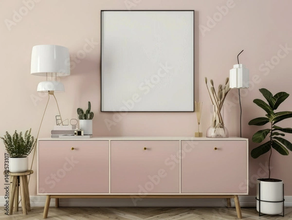 Obraz Modern Living Room with Pink Sideboard and Minimalist Deco