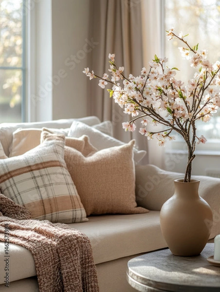 Obraz Cozy Living Room Corner with Neutral Textures and Soft Decor