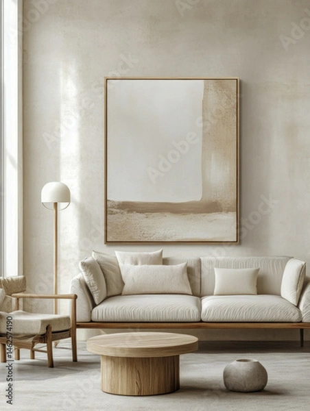 Obraz Modern minimalist living room with abstract painting and cozy chair.