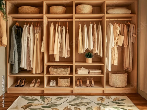 Obraz Organized closet with wooden shelves and hanging clothes.