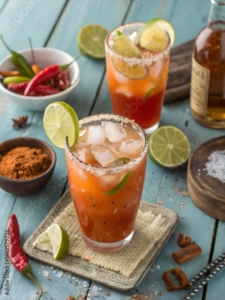 Fototapeta Vibrant Michelada Cocktail with Lime and Spices on Rustic Table with Red Chili and Powder