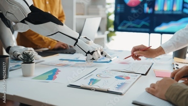 Fototapeta A robotic arm collaborates with humans in a modern office, analyzing data through charts and graphs, showcasing the integration of technology in business strategies.Noogenesis