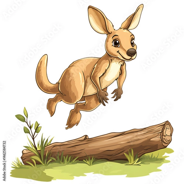 Fototapeta A Cartoon Kangaroo Hopping Over a Fallen Log Isolated on Transparent Background
