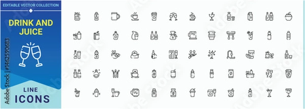 Fototapeta Drink And Juice icon collection. Includes thin line symbols drink, drinks, beer, soft drink, soda, juice, cocktail and more. Soda icon pack. Minimal icons set. Pixel perfect. Editable vector.