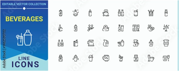 Fototapeta Beverages icon set. Contains outline symbols like wine, beer, drinks, soda, juice and more. Drink And Juice icon set. Icons for application. Editable vector illustration.