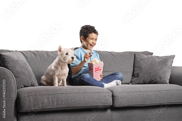 Fototapeta Boy and a dog sitting on a sofa and eating popcorn
