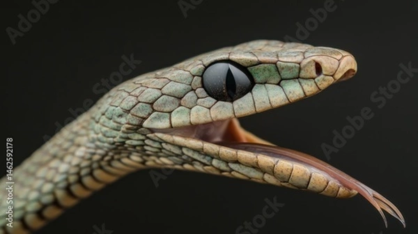 Obraz Snake head closeup, open mouth, dark background, reptile wildlife