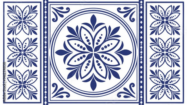 Fototapeta Blue and white floral tile pattern with central circular motif and vertical floral borders design element created with generated ai