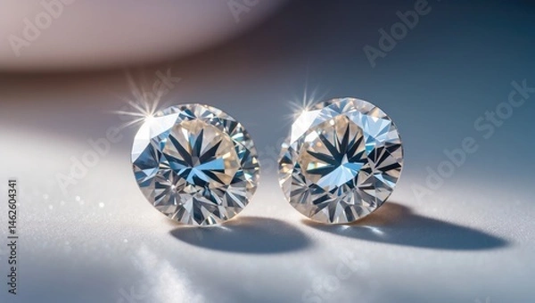 Obraz Elegant close-up of two beautiful diamonds on a light background, leaving space for text