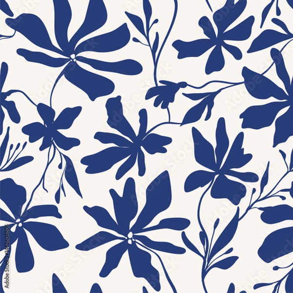 Obraz Seamless floral vector laconic blue on beige ink pattern vintage handmade for fabric design, decor, ceramics, greeting cards, flowers, texture print on a light background
