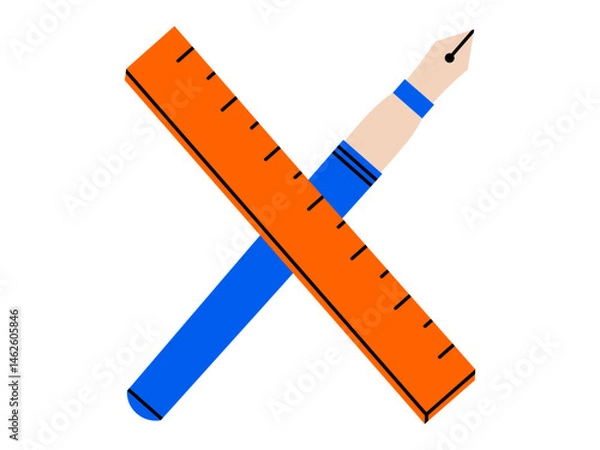 Obraz Hand drawn cute illustration of fountain pen and ruler. Flat vector school stationery doodle. Creative process. Designer or painter sign. Education or study sticker, icon. Back to school. Isolated.