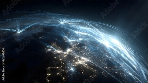 Fototapeta Network connections illuminate Europe from space, highlighting global connectivity.