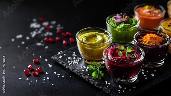 Fototapeta Mini glass cups filled with richly textured dips on the slate board and black background