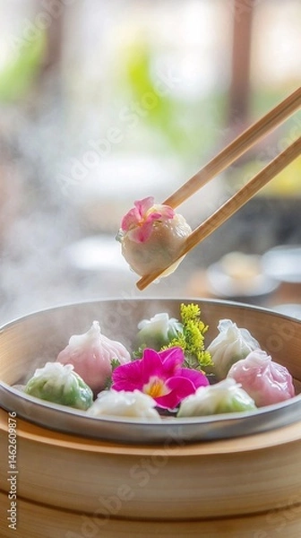 Fototapeta Colorful Steamed Dim Sum with Edible Flowers in Bamboo Steamer