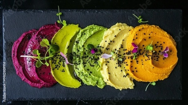 Fototapeta A bold presentation of colorful spreads with herbs on a slate board 	