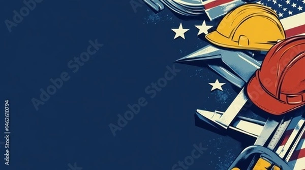 Fototapeta Labor day background and federal holiday. Independence and memorial day in America and USA. Engineer and worker tools with copy space for text. illustration , no logos, no brands