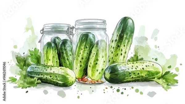 Fototapeta Freshly Pickled Cucumbers in Glass Jars