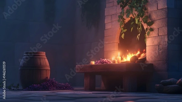 Fototapeta Enchanted Fireplace Scene with Candles and Wooden Barrel