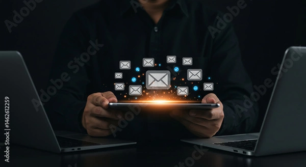 Fototapeta Person holding tablet with email icons and laptops on either side in a dark setting scene real estate business ,technology ,selling ,purchasing ,agreement