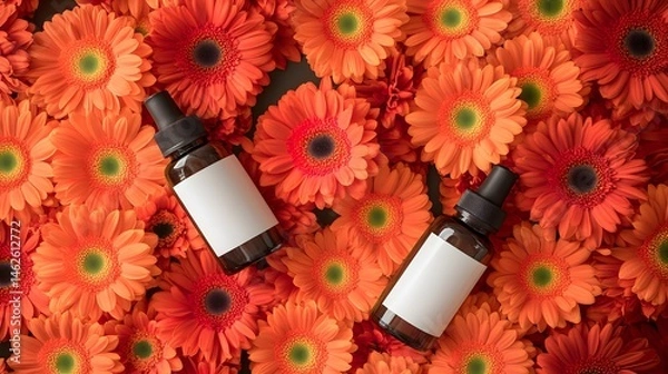 Fototapeta Amber Glass Bottles Mockup Surrounded by Orange Gerbera Daisies