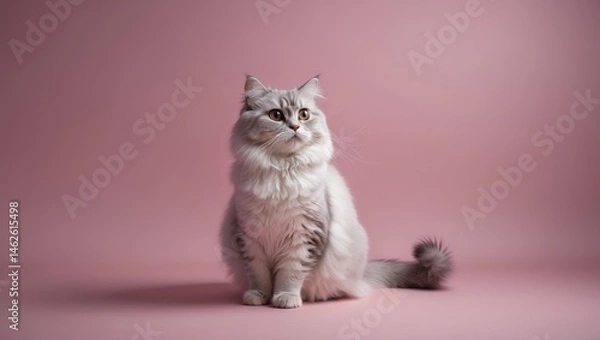Fototapeta Isolated white cat appearing surprised and looking away on a plain background