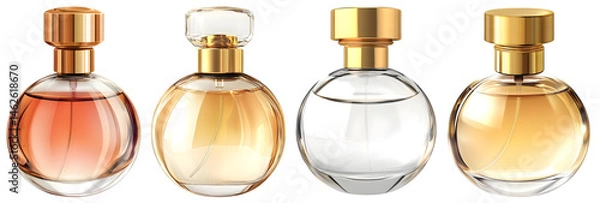 Obraz Set of luxury perfume bottles collection with golden and transparent glass designs, isolated on transparent background

