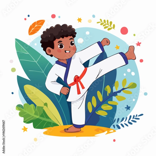 Fototapeta A minimal flat vector of a disciplined boy wearing a karate uniform performing a kick, with dojo background elements, white background