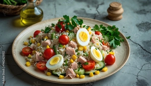 Fototapeta Healthy rice dish featuring tuna, cherry tomatoes, corn, and cucumber on a gray concrete background.
