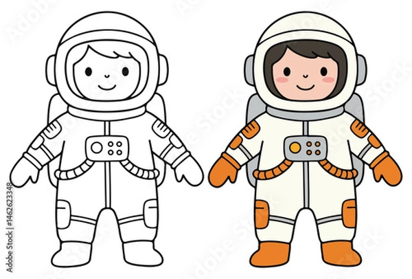 Obraz Astronaut and Space Line Art Vector Outline Illustration Black and White with Coloring Sample