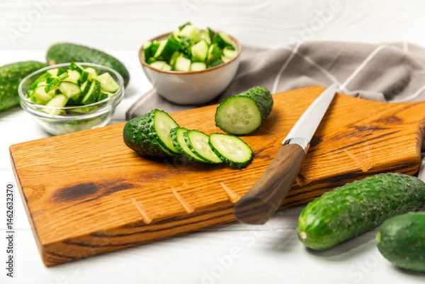 Obraz Cucumber on wooden background. Slice of cucumber on background. Fresh organic green cucumbers gherkin. Vegan. Salad ingredient. Farm vegetables. Cut vegetables with knife. Space for text. Copy space