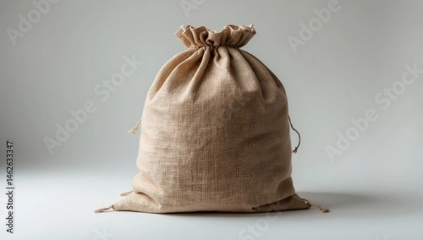 Fototapeta Open burlap sack with no contents on white surface, front perspective