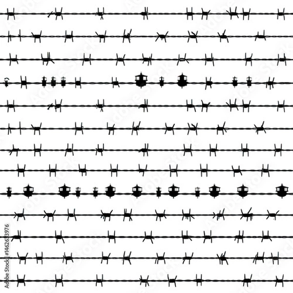 Fototapeta Collection of various barbed wire designs displayed in horizontal rows, showcasing different styles and patterns. image highlights intricate details and variations in barbs and wire twists