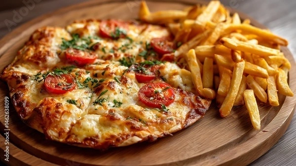 Fototapeta Cheesy Pizza and Crispy Fries, The Perfect Combo for an Irresistible Meal