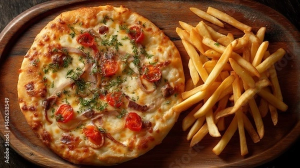 Fototapeta Cheesy Pizza and Crispy Fries, The Perfect Combo for an Irresistible Meal