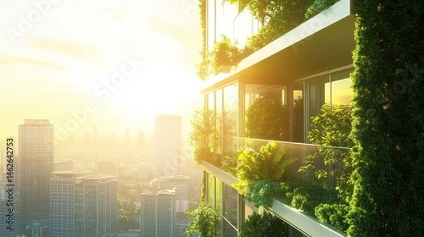 Obraz green building with trees and sunlight in the city background.